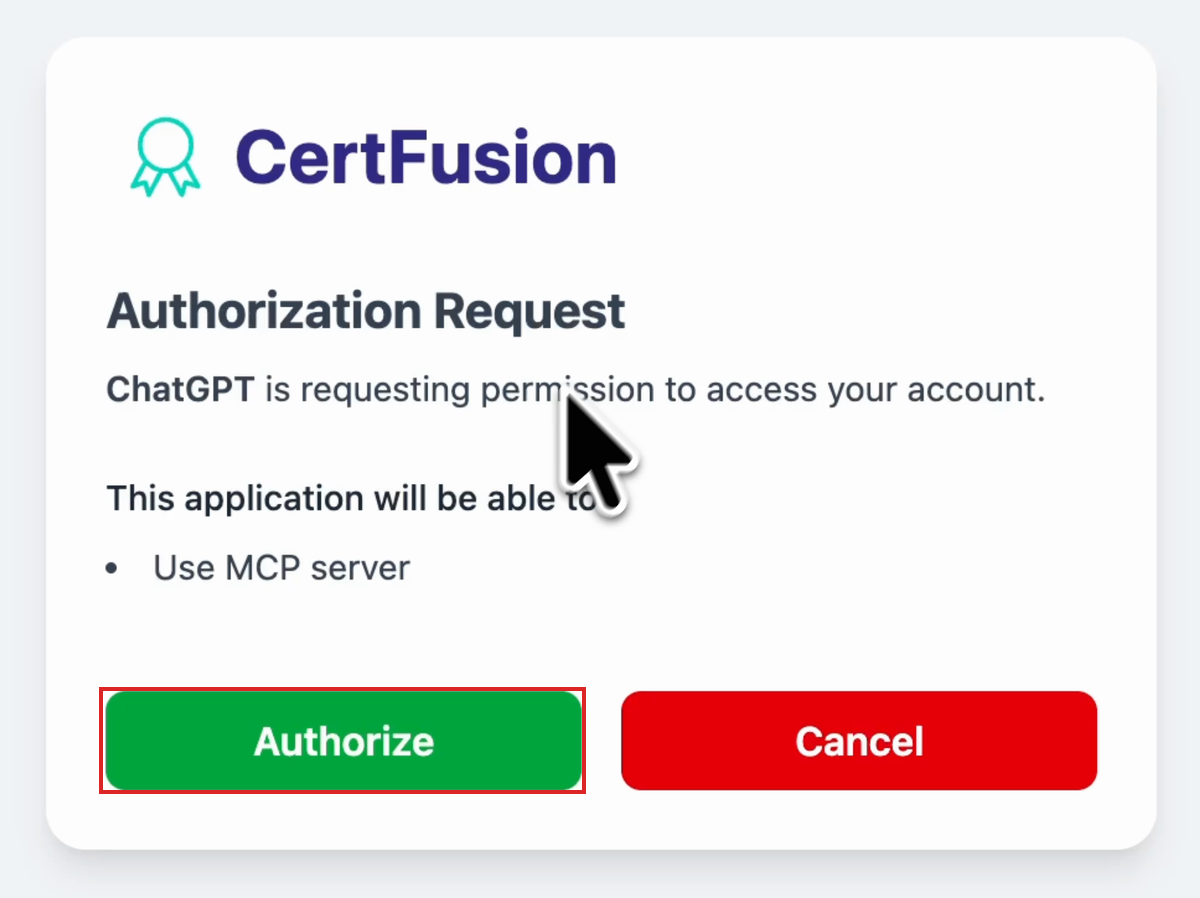 CertFusion OAuth page with the Authorize button highlighted