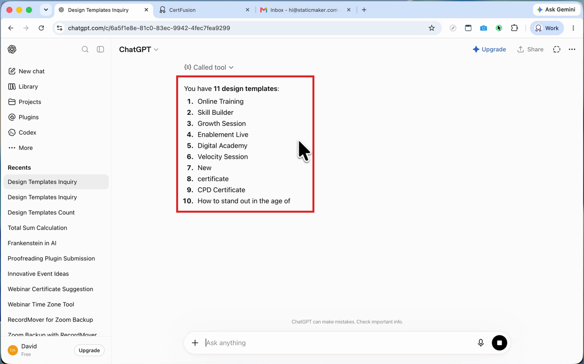 ChatGPT answering with live template data from CertFusion