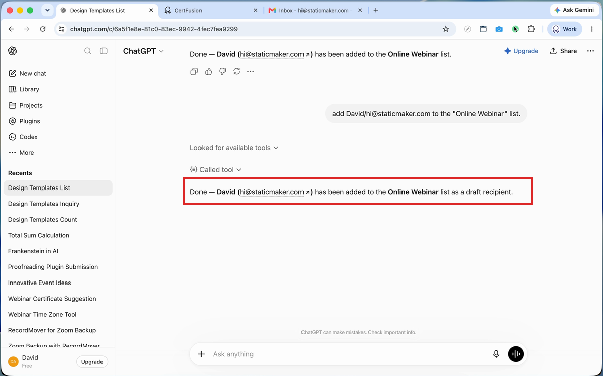 ChatGPT confirming the recipient was added as a draft