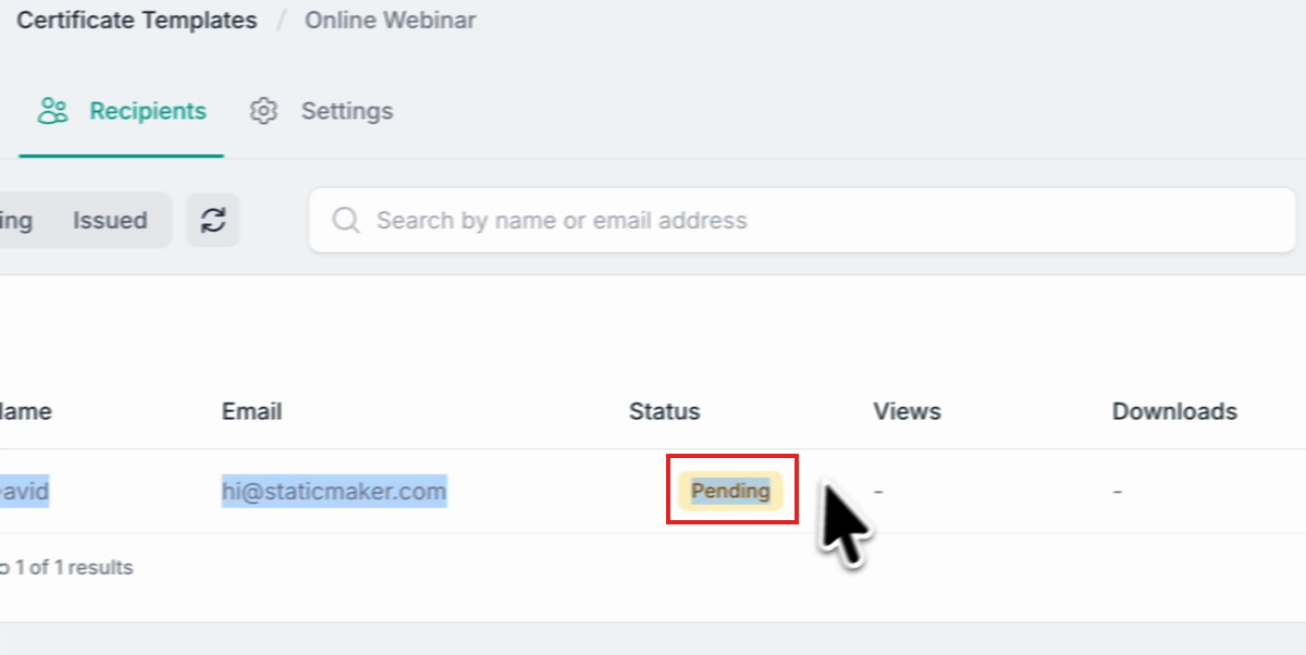 CertFusion dashboard showing the new recipient as Pending