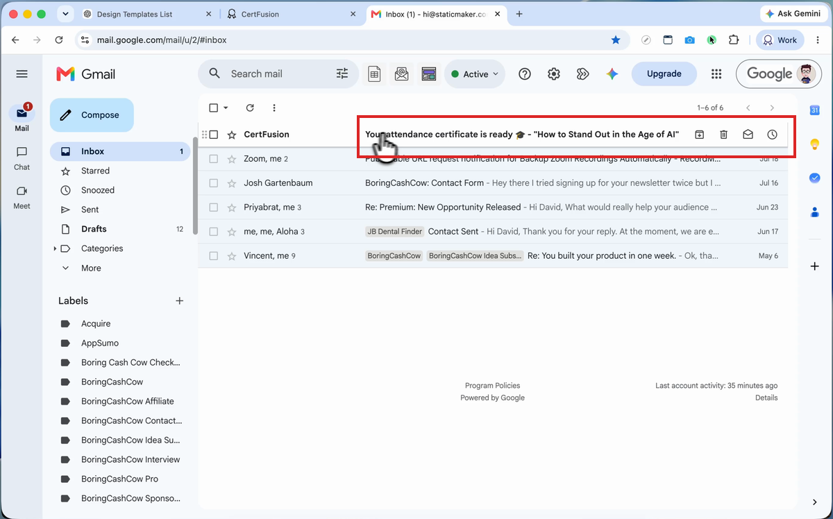 Certificate email in the recipient's inbox
