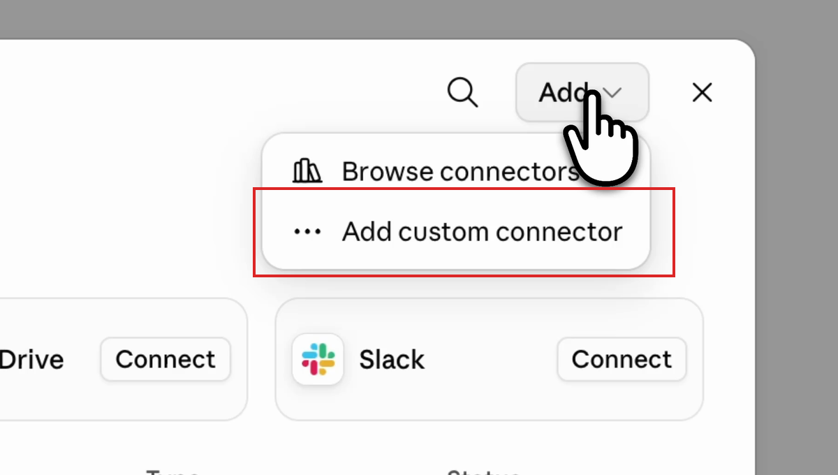 Add menu open with Add custom connector highlighted