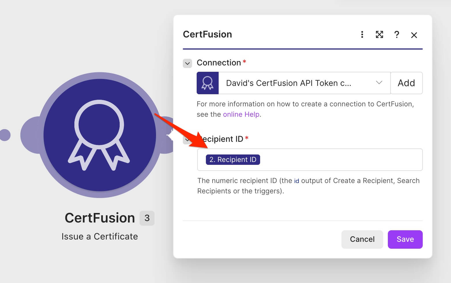 Issue a Certificate module with the Recipient ID mapped from the previous module