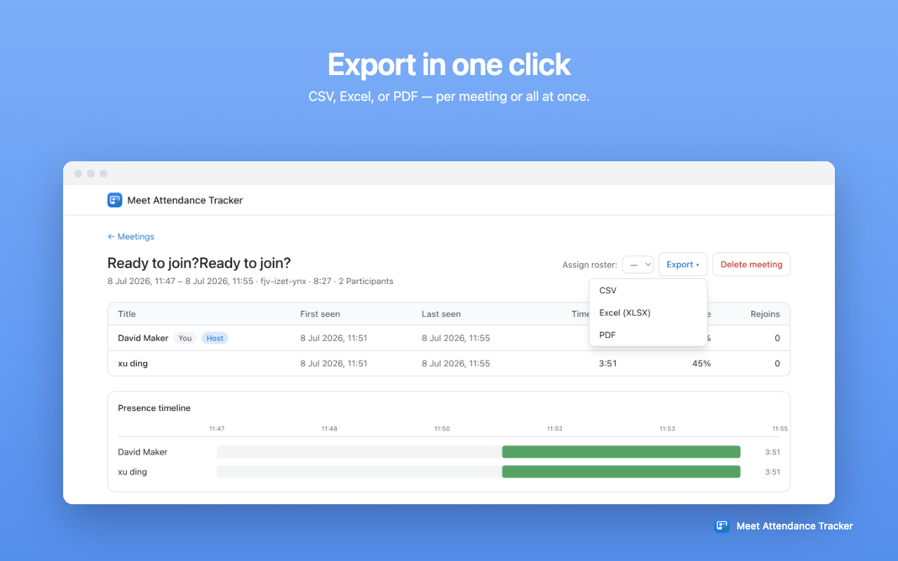 Exporting Google Meet attendance to CSV, Excel, or PDF